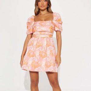Fashion Nova Madison Floral mini dress- orange and pink jacquard dress